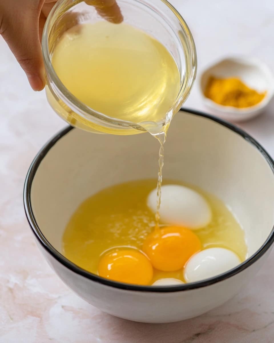 A close-up image shows four raw egg yolks and whites in a white bowl with black edges sitting on a white marbled surface. Above the bowl, a woman's hand is pouring light yellow liquid from a small clear glass bowl into the larger bowl. In the background, there is a blurred small white dish with a yellow powder. The colors mainly include yellow, white, and light orange. photo taken with an iphone --ar 4:5 --v 7