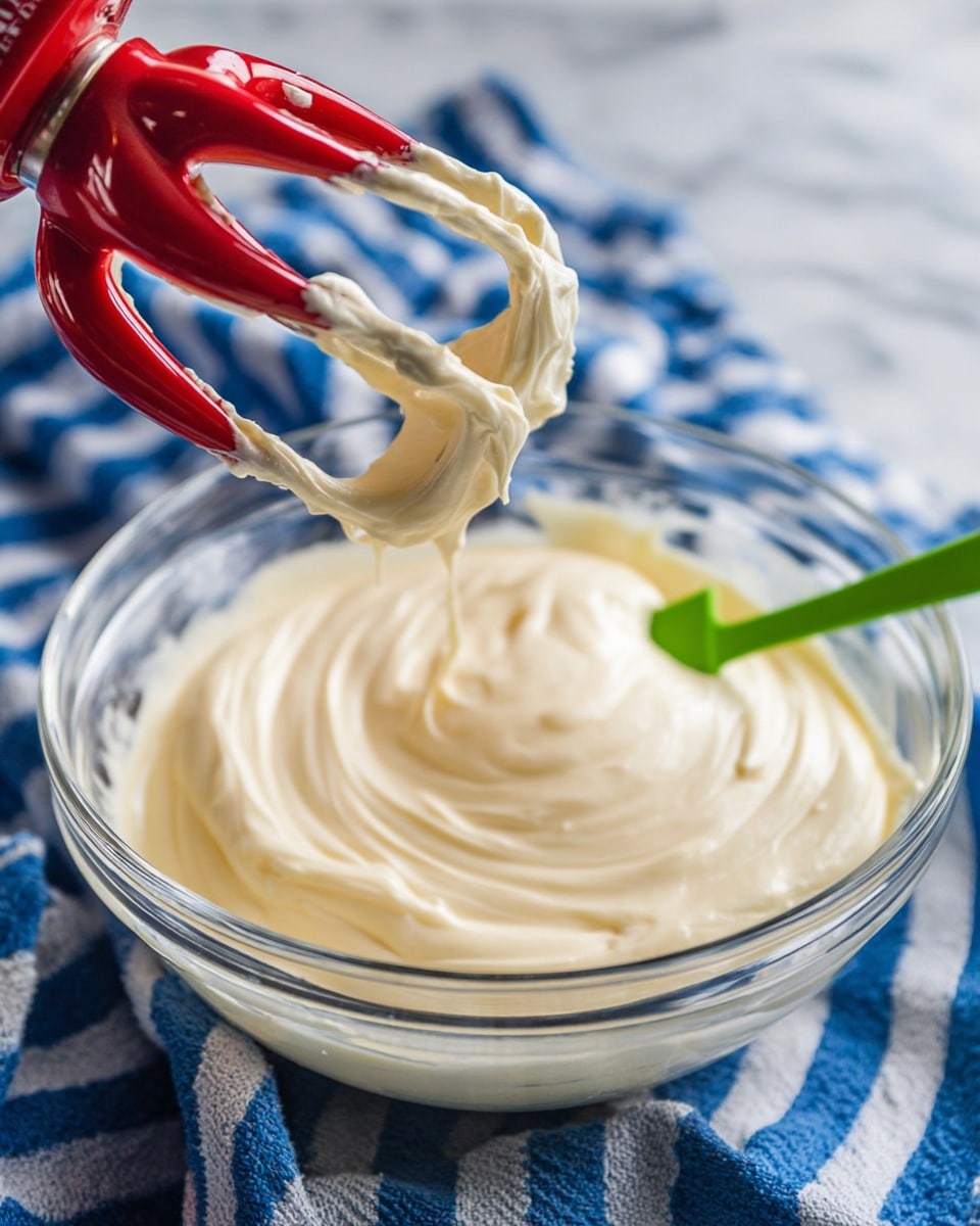 A clear glass bowl filled with creamy, smooth, pale yellow frosting that has soft swirls on its surface. Above the bowl, a red electric mixer with two beaters is lifting some of the thick frosting, showing its glossy and fluffy texture stretching between the beaters. In the bowl, a green spatula rests partially covered by the frosting. The bowl is placed on a blue and white striped cloth, all set on a white marbled surface. Photo taken with an iphone --ar 4:5 --v 7