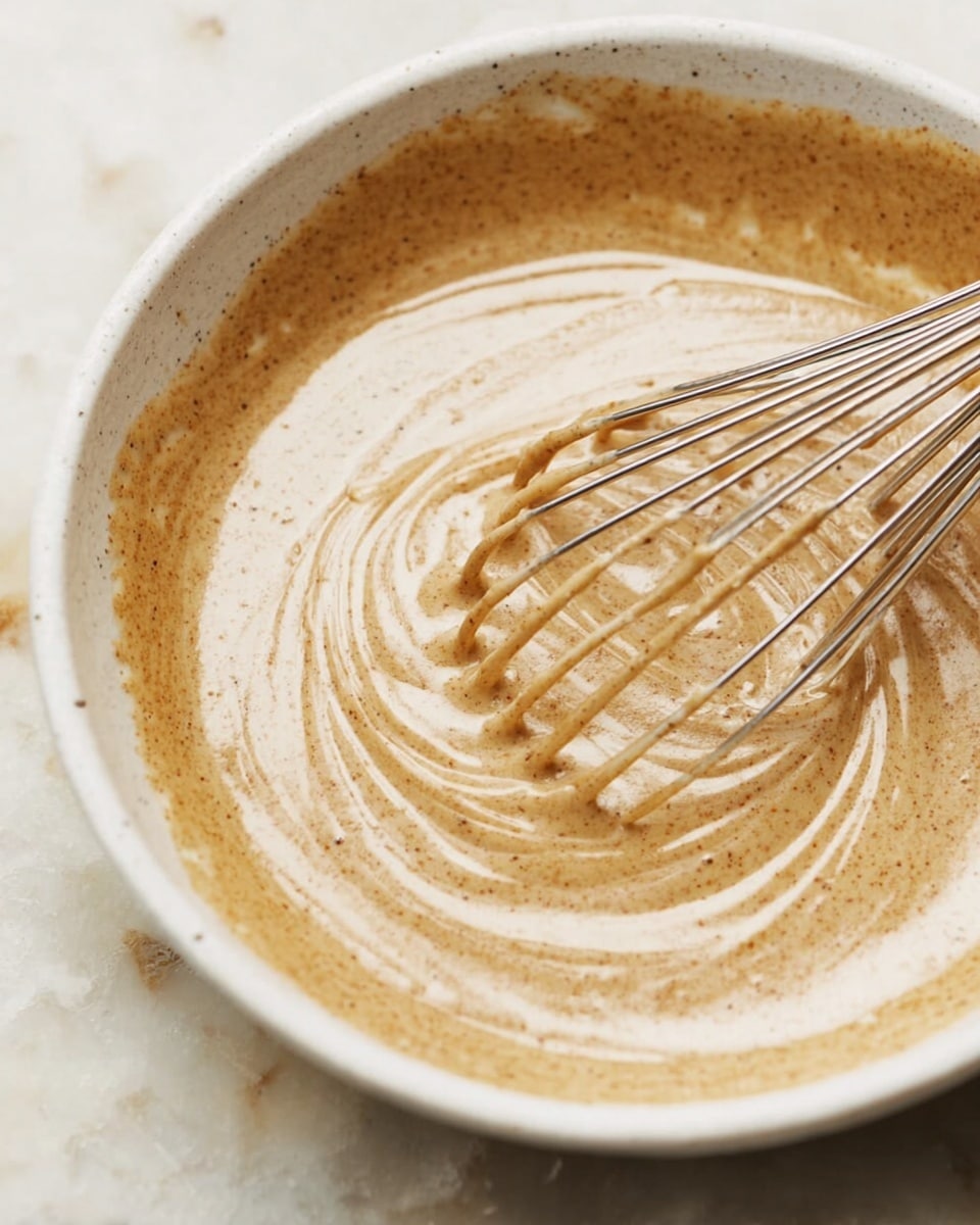 A close-up view of a creamy light brown mixture with tiny darker specks, swirled smoothly inside a white bowl. A shiny metal whisk rests inside, partially covered with the mixture, and the texture looks thick yet smooth, showing gentle waves and lines from stirring. The bowl sits on a white marbled surface, adding a clean and bright feel to the image. photo taken with an iphone --ar 4:5 --v 7