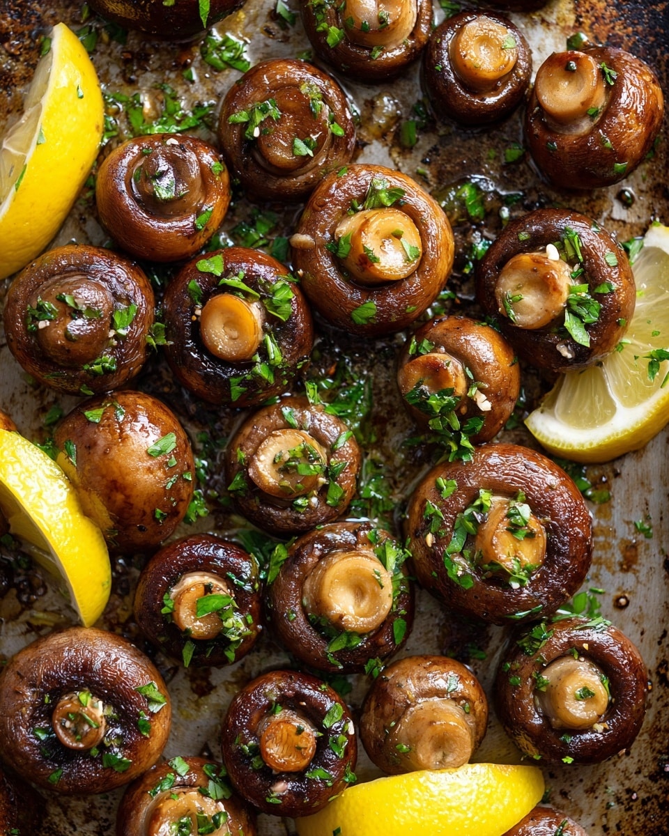 The image shows a close-up of many cooked brown mushrooms spread unevenly on a slightly worn metal grill pan. The mushrooms have a shiny, glazed appearance with some small green herb pieces scattered on top. Among the mushrooms are a few bright yellow lemon wedges placed on the pan, adding a pop of color. The pan has small spots and bits of sauce, creating a rustic and appetizing look. photo taken with an iphone --ar 4:5 --v 7