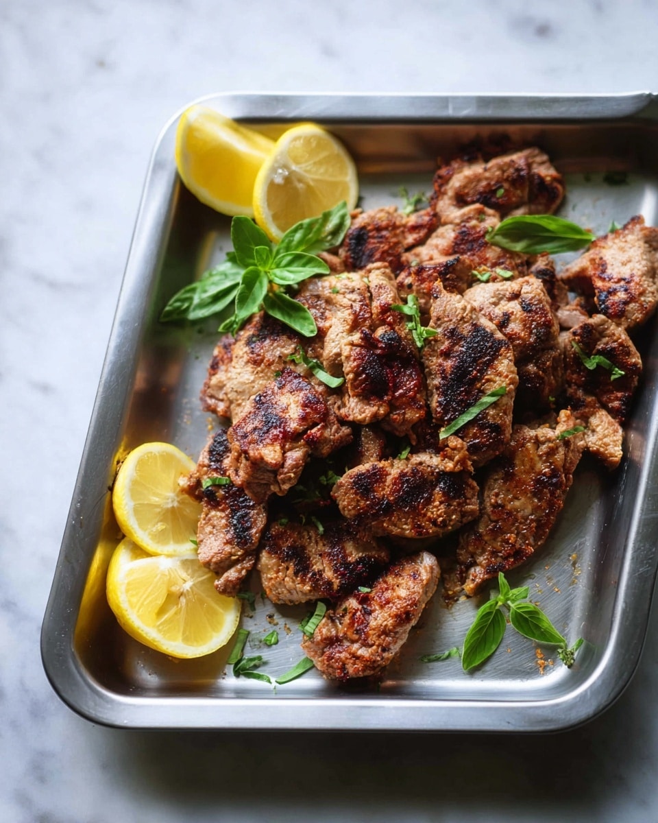 The image shows a metal tray with two layers of grilled meat pieces, each having a browned, slightly charred texture and a golden-brown color with darker grill marks. On the tray near the meat, there are two lemon wedges placed on the bottom left and top right corners, showing their bright yellow, juicy inside. Small green herb leaves are scattered on and around the meat for decoration. The tray sits on a white marbled surface. photo taken with an iphone --ar 4:5 --v 7
