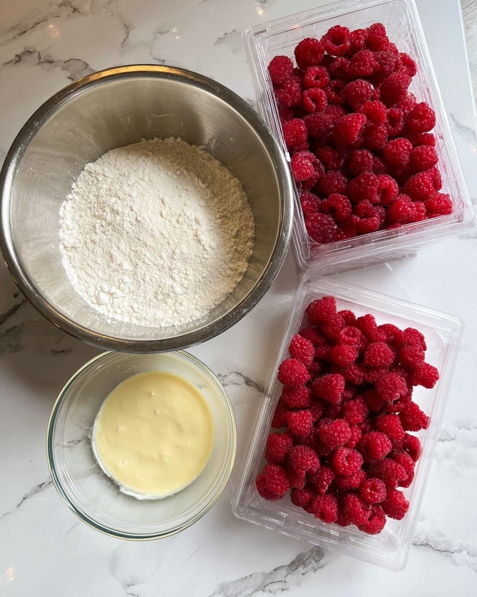 The image shows three containers on a white marbled surface: a large silver metal bowl filled with white flour, a clear glass bowl containing a light yellow batter with a smooth and slightly frothy texture, and two clear plastic boxes filled with bright red fresh raspberries, with one box open and the other closed. photo taken with an iphone --ar 4:5 --v 7
