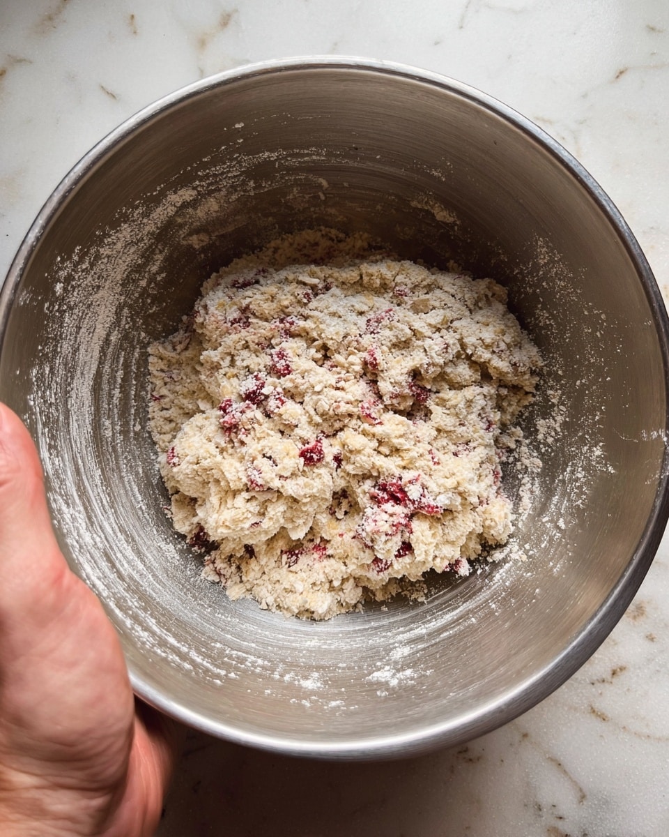 A silver metal bowl holds a mixture of flour and oats with red bits spread unevenly throughout, creating a rough, crumbly texture. The mixture is piled low in the center with some flour and oats dusted and stuck to the sides of the bowl. A woman's hand grips the edge of the bowl at the bottom left corner. The background shows a white marbled surface underneath. photo taken with an iphone --ar 4:5 --v 7