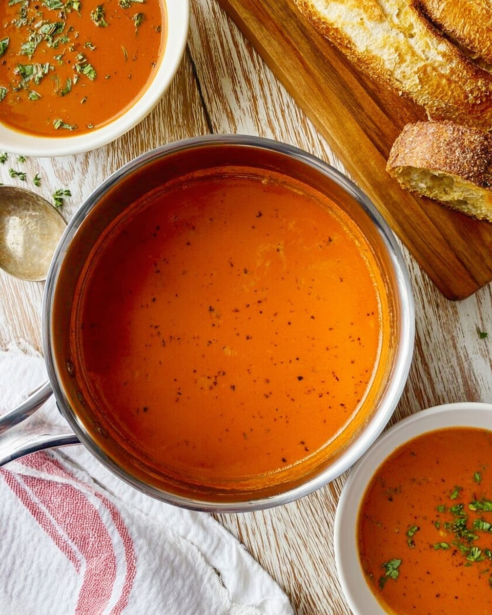 A shiny metal pot filled with smooth orange-red soup with small black specks on the surface, sitting on a wooden table with a white marbled texture in the background. To the left, part of a white bowl contains the same soup, topped with green herbs and some small bits. Above the pot, there is a rustic golden-brown loaf with a crisp crust, resting on a wooden board, with a few slices cut beside it. On the right side, part of another white bowl with the same soup is visible, garnished with green herbs. A white and pink striped cloth is placed near the pot, with a spoon partly visible at the edge. photo taken with an iphone --ar 4:5 --v 7