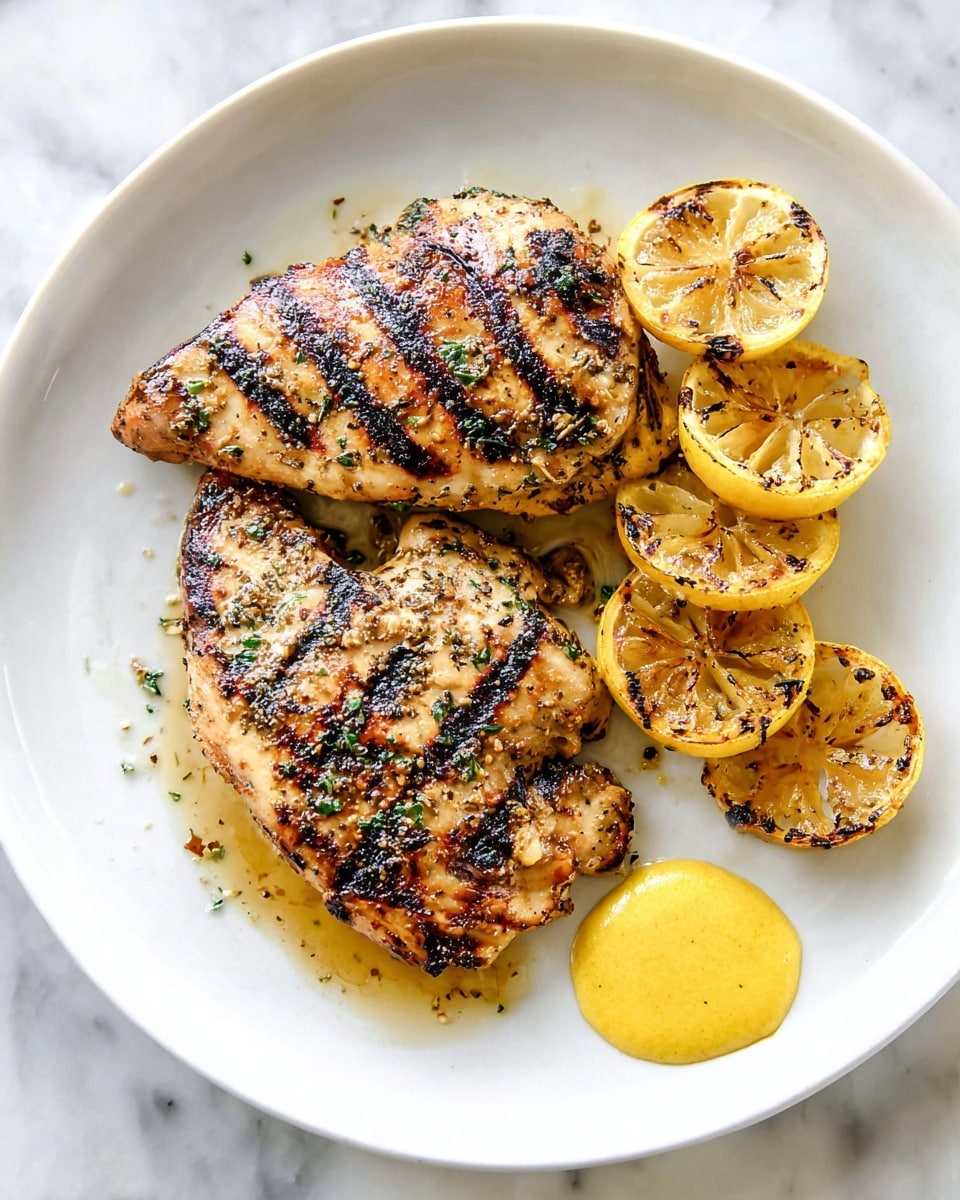 There are two grilled chicken pieces on a plain white plate, both with dark grill marks and sprinkled with herbs. Around the chicken on the right side, there are five slices of grilled lemon, some showing slight charring and black specks. Near the lemon slices is a small dollop of smooth, yellow sauce. The plate sits on a white marbled surface. photo taken with an iphone --ar 4:5 --v 7