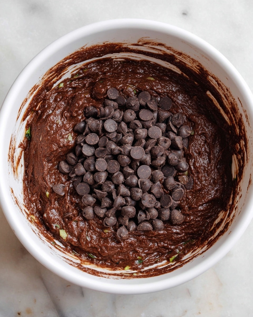 A white bowl filled with thick, dark brown chocolate batter that has a slightly rough texture with some lighter streaks visible, possibly from grated zucchini mixed in. On top of the batter, in the center, there is a large pile of dark, smooth chocolate chips. The inside edge of the bowl shows some batter spread thinly, creating streaks along the sides. The bowl is placed on a white marbled surface. photo taken with an iphone --ar 4:5 --v 7