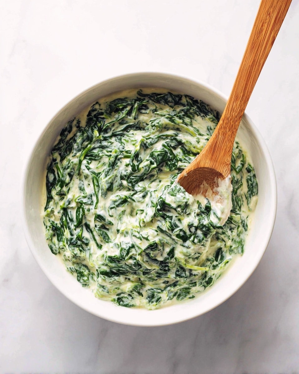 A white bowl filled with creamy spinach dip showing a mix of green spinach leaves and white creamy sauce, with a wooden spoon resting partially inside the bowl, the spoon's handle extending outward over a white marbled surface. photo taken with an iphone --ar 4:5 --v 7