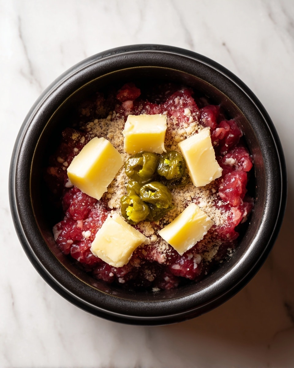 Inside a black pot, at the bottom there is a thick layer of raw pink meat, topped with a scattering of light brown powder. On top of the powder, there are several dollops of pale yellow butter slices, each roughly cube-shaped. Finally, a few small, wrinkled green peppers are placed on top, adding a glossy texture and a pop of color against the other layers. The pot is on a white marbled surface. photo taken with an iphone --ar 4:5 --v 7