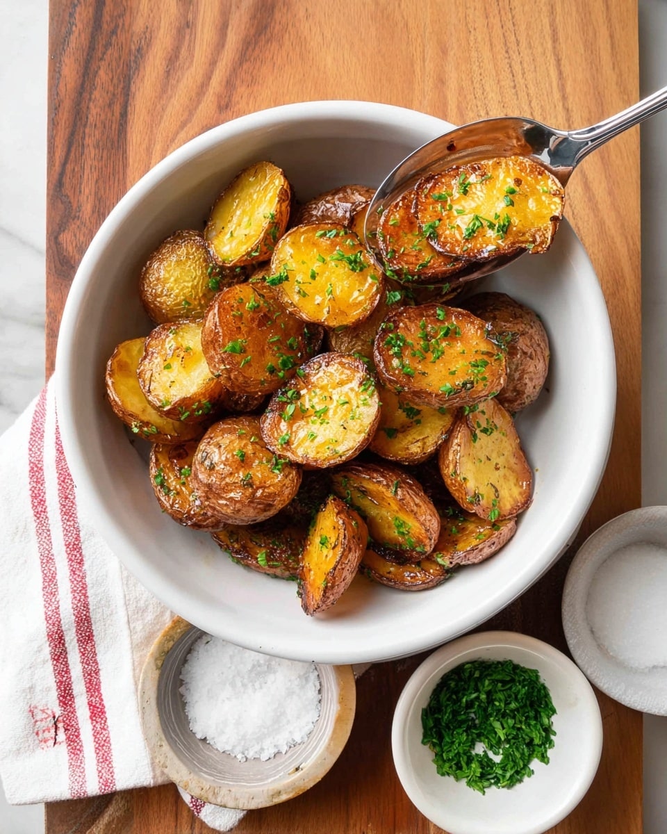 A white bowl filled with golden brown roasted potato halves, each with a crispy texture and sprinkled with chopped green herbs. A shiny silver spoon holds one of the potato halves above the bowl. The bowl sits on a wooden board with two small bowls nearby, one with white salt and the other with more chopped green herbs. A white cloth with red stripes is partially visible under the bowl. The background is a white marbled surface photo taken with an iphone --ar 4:5 --v 7
