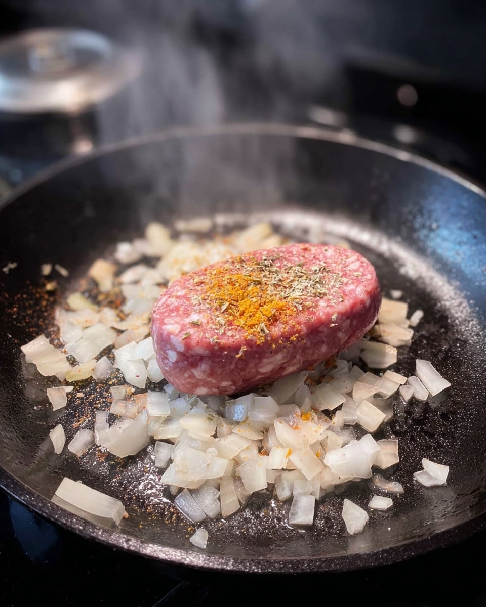 A black cast iron pan filled with a mix of cooked ground meat covering the left half with a brown and crumbly texture, while the right half shows uncooked white rice scattered unevenly. Over the rice and some meat, there is a bright red layer of tomato sauce spread mostly in the center and right side of the pan. Parts of the dish have a yellow paste or sauce near the middle bottom, blending into the tomato sauce. The pan sits on a stove with a white marbled surface visible around it. photo taken with an iphone --ar 4:5 --v 7