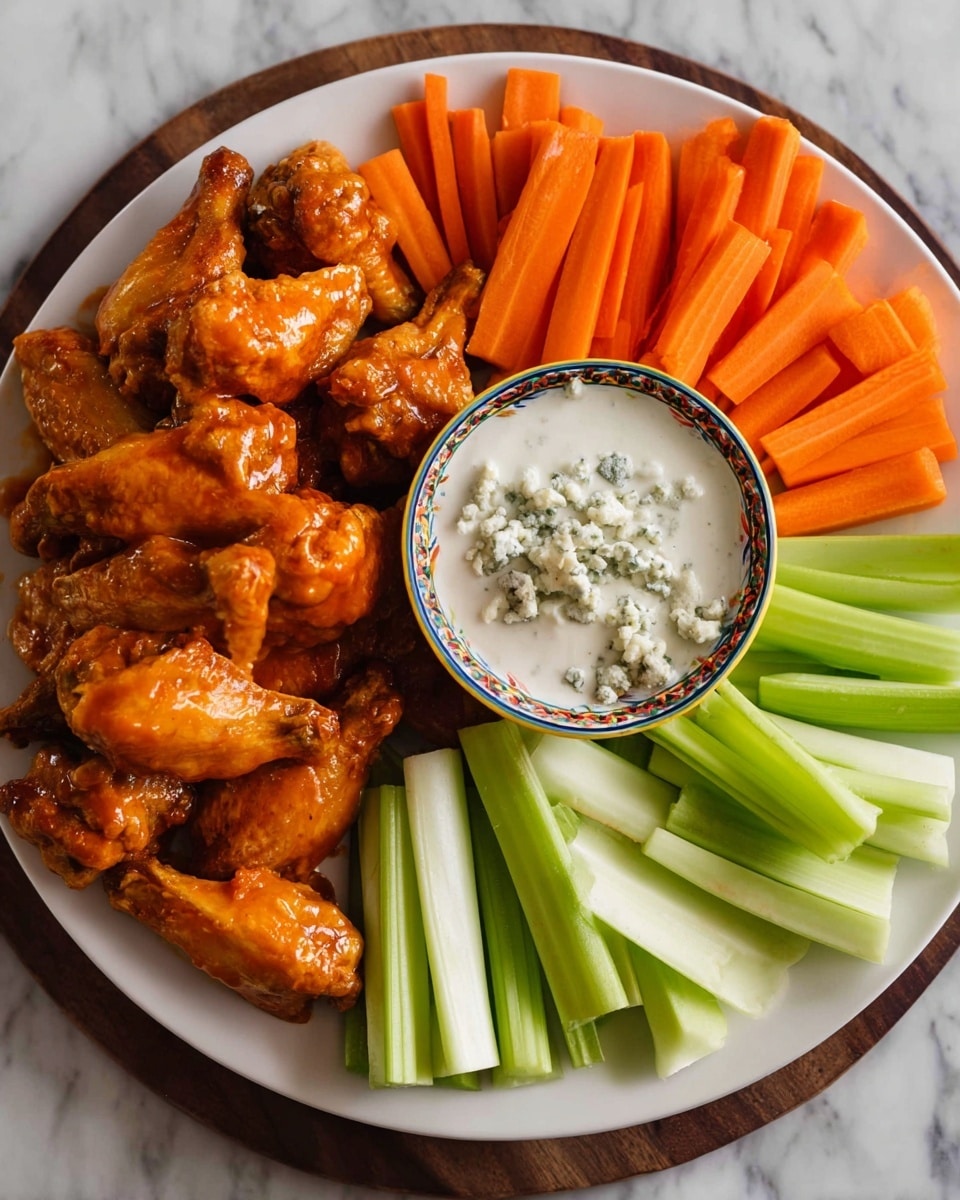 A large white plate holds a pile of orange buffalo wings in the center left, glazed with a shiny sauce. Surrounding the wings on the top and bottom edges are bright orange carrot sticks layered in multiple rows, and on the right side are green celery sticks similarly layered. In the center right of the plate, there is a small colorful bowl filled with white creamy dip topped with crumbled blue cheese. The plate sits on a surface with a white marbled texture. photo taken with an iphone --ar 4:5 --v 7