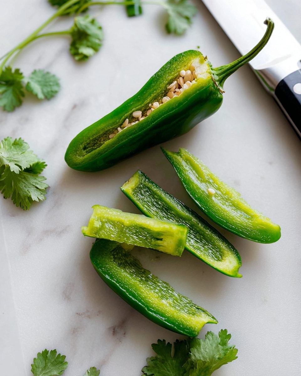 There is one green chili pepper sliced into four long pieces on a white marbled cutting board. The top piece still has the stem attached and shows many light-colored seeds inside. The other three pieces reveal the shiny, textured green inner walls of the pepper, laid out below the top piece. A large silver knife with a black handle rests above the chili pepper on the cutting board. Fresh green cilantro leaves are scattered near the edges of the board. Photo taken with an iphone --ar 4:5 --v 7