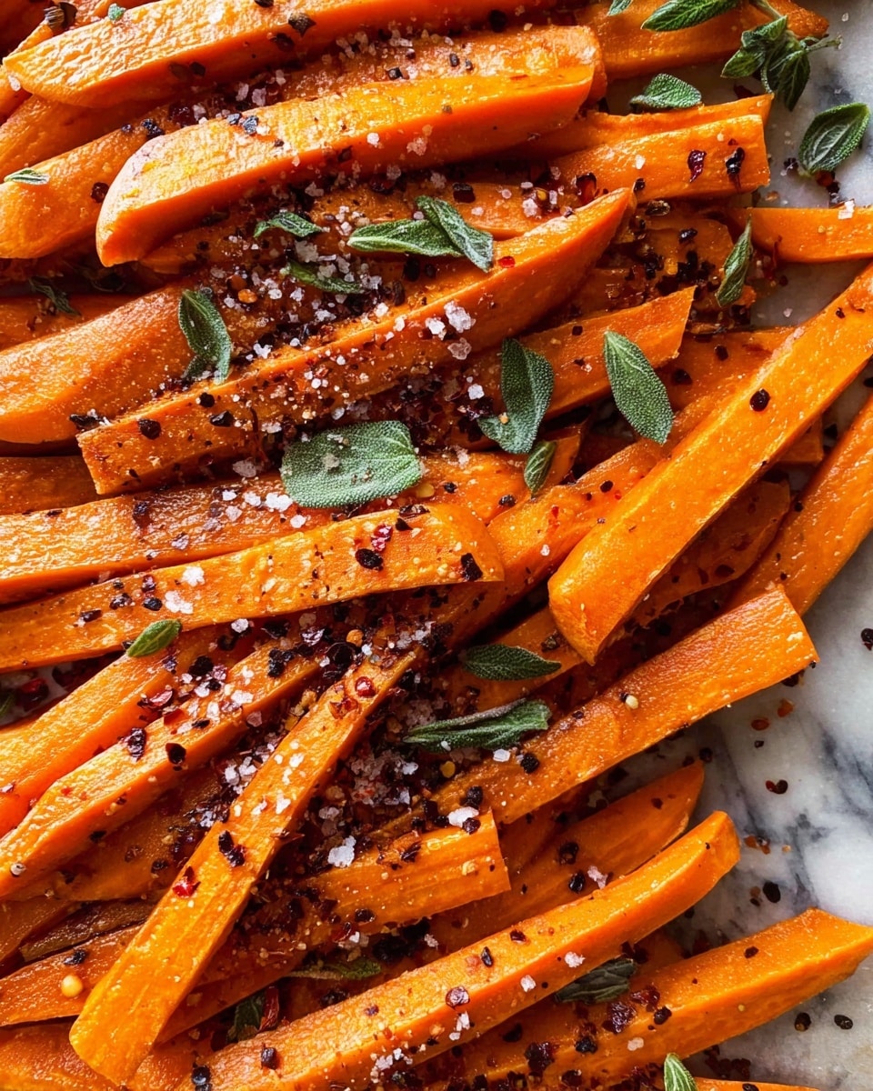 A close-up view of orange sweet potato sticks laid out in layers on a tray, sprinkled generously with coarse sea salt, black pepper, and crushed red chili flakes. Scattered fresh green herb leaves add a touch of color contrast on top of the stacked potato sticks. The texture of the sweet potatoes is smooth with some edges showing slight caramelization. The background is a white marbled surface. photo taken with an iphone --ar 4:5 --v 7