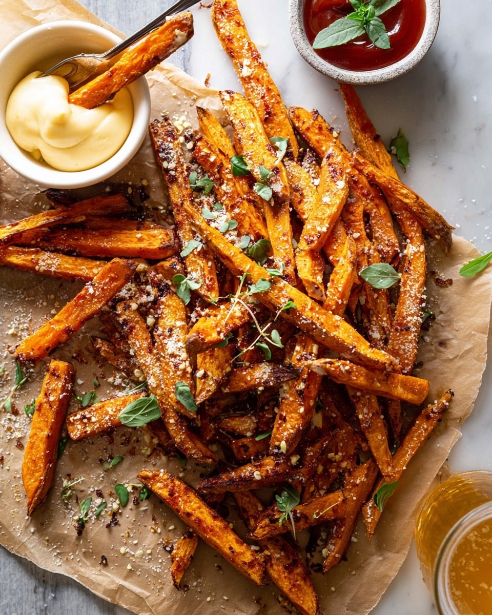A pile of golden brown sweet potato fries fills most of the image, showing a crispy texture with some charred edges and sprinkled with grated cheese and fresh green herb leaves scattered on top. To the right and left of the fries, there are small white dishes—one holding a red ketchup-like sauce and the other filled with a creamy beige dipping sauce. The food rests on light brown parchment paper with a hint of the white marbled surface visible around the edges. The overall look is warm and inviting, with detailed close-up focus on the fries' rough texture and toppings photo taken with an iphone --ar 4:5 --v 7