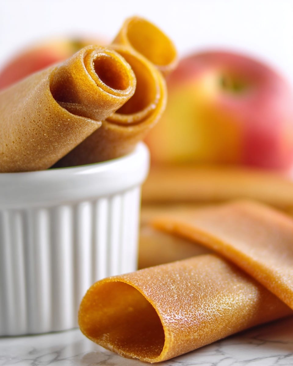 The image shows several thin, rolled layers of golden-brown fruit leather with a slightly shiny texture. Some rolls are placed on a white marbled surface, and a few are inside a white bowl with vertical ridges. Behind the fruit leather rolls, there are a couple of whole apples with red and yellow skin, softly blurred to keep focus on the fruit leather. The scene is bright and clean with a close-up view emphasizing the smooth, slightly translucent quality of the rolled fruit leather. photo taken with an iphone --ar 4:5 --v 7