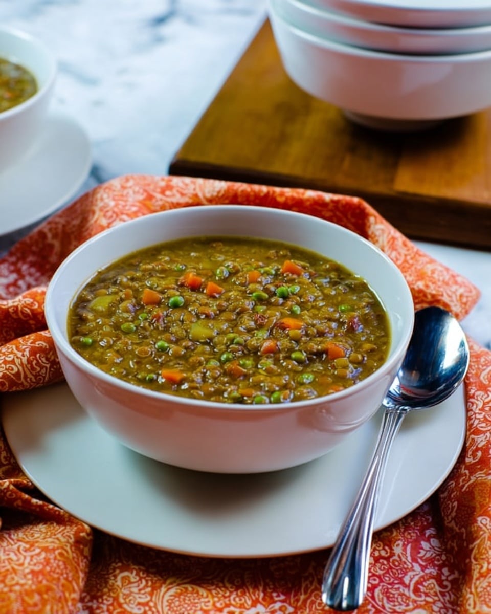 A white bowl filled with thick lentil soup that has visible small green peas and orange carrot pieces mixed evenly throughout the brownish-green soup. The bowl is placed on a white plate, which rests on an orange and white patterned cloth. Behind the bowl, there are several stacked white bowls, part of a wooden surface is visible, and to the right of the bowl is a shiny metal spoon. The background surface is a white marbled texture. Photo taken with an iphone --ar 4:5 --v 7