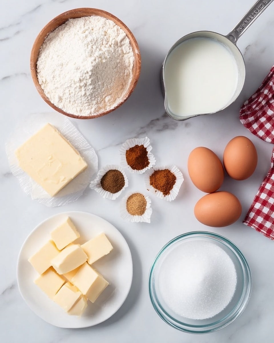 The image shows a top view of baking ingredients on a white marbled surface. There is a wooden cup filled with white flour on the top left, next to a metal measuring cup of milk. To the right side, three brown eggs are placed together. On the bottom left, several small squares of pale yellow butter rest on a wrapper. In the center, a white plate holds five different spices arranged neatly in a circle, each with unique brown and beige tones. On the bottom right, a clear glass bowl contains white sugar. A red and white checkered cloth is partially visible at the top right. Photo taken with an iphone --ar 4:5 --v 7
