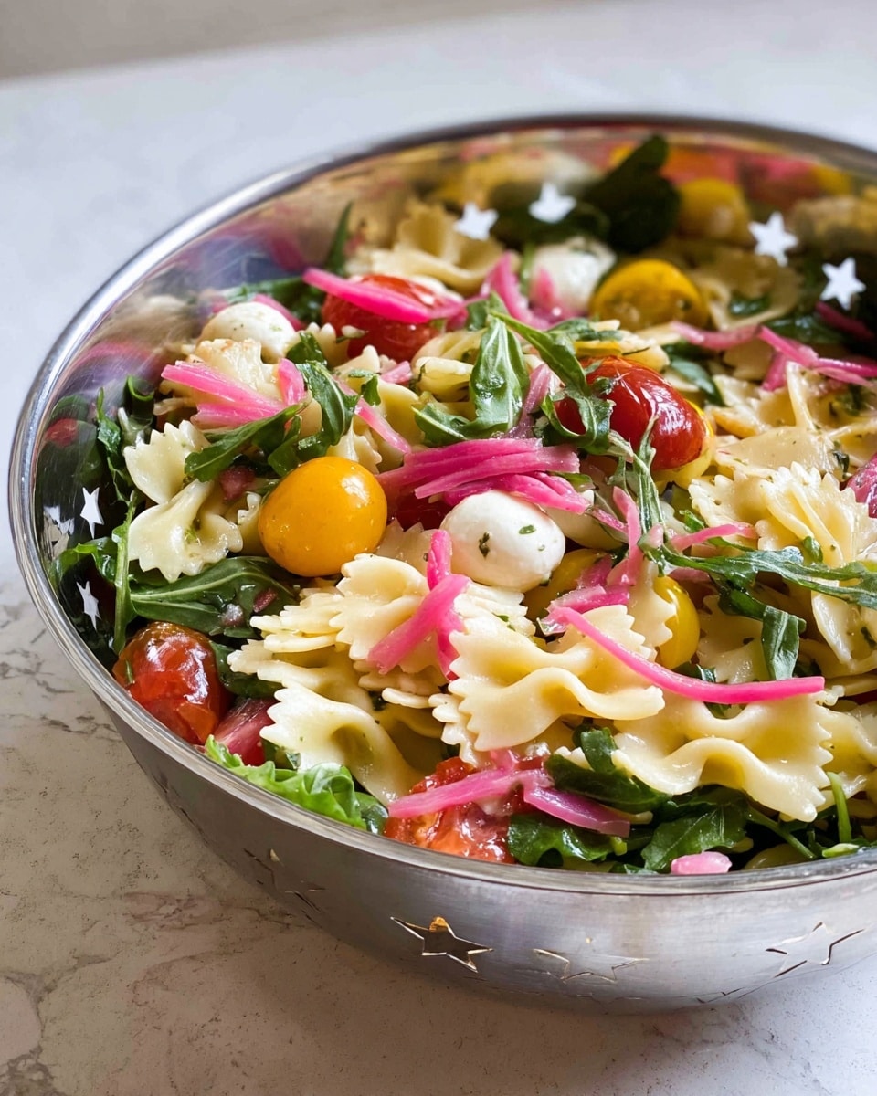 A shiny silver bowl with star patterns on the rim sits on a white marbled surface, filled with colorful ingredients arranged in separate sections. One section has small white mozzarella balls sprinkled with black pepper, next to bright red roasted pepper slices. Beside them are thin strips of pink pickled onions, followed by fresh green basil leaves with a shiny texture. The top part of the bowl shows a mix of halved red and yellow cherry tomatoes with a glossy surface, resting on a bed of pale yellow bowtie pasta. The ingredients create a vibrant, fresh look with clear separation in the round bowl photo taken with an iphone --ar 4:5 --v 7