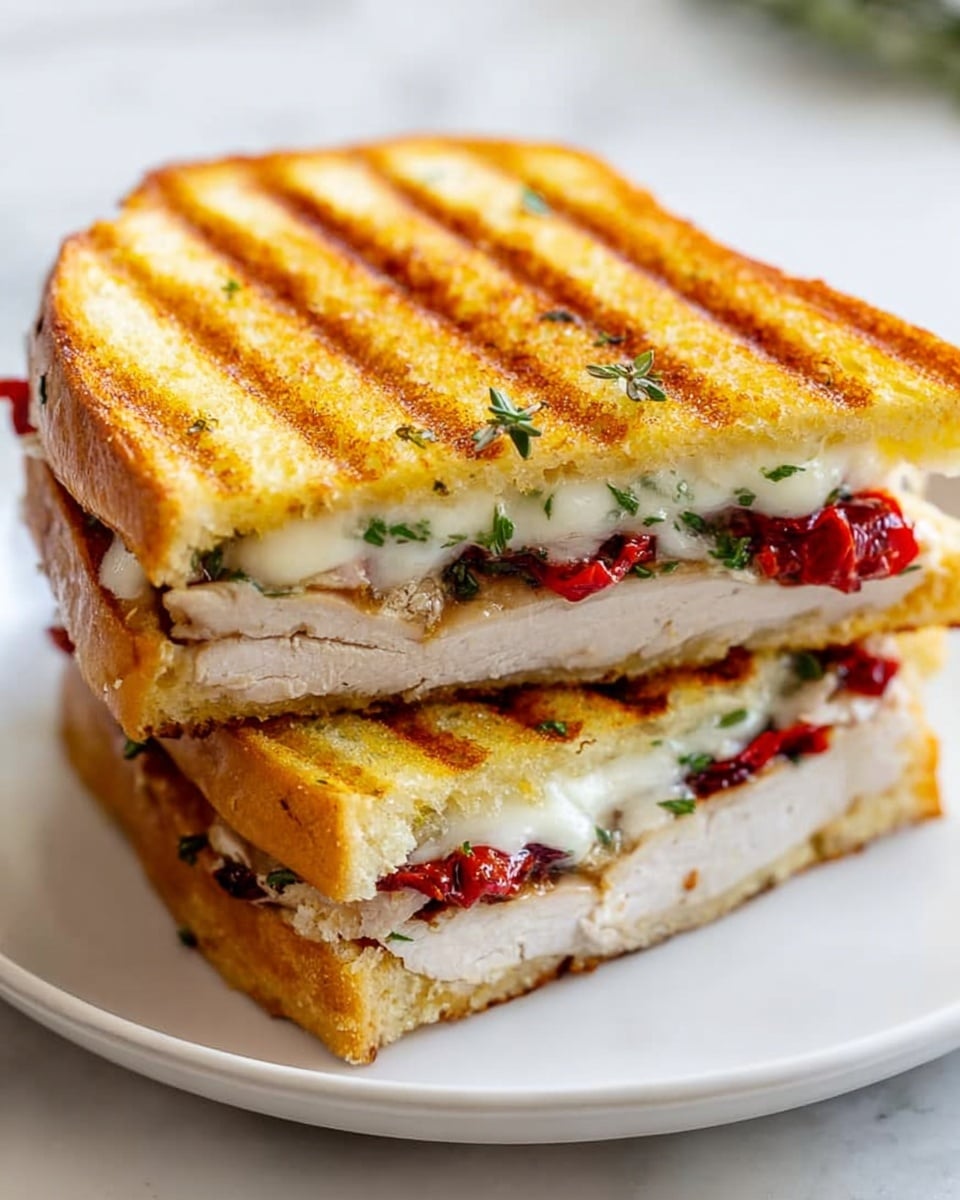 The image shows a sandwich cut into two halves stacked on top of each other on a white plate, placed on a white marbled surface. The sandwich has three layers: the top and bottom layers are golden toasted bread with visible grill marks, and the middle layer includes a thick piece of white meat, a layer of melted white cheese, red chunks of roasted peppers, and small green herb leaves scattered throughout. The bread looks slightly crisp on the edges, while the cheese appears smooth and creamy. The overall look is warm and appetizing, with a neat and clean presentation. Photo taken with an iphone --ar 4:5 --v 7