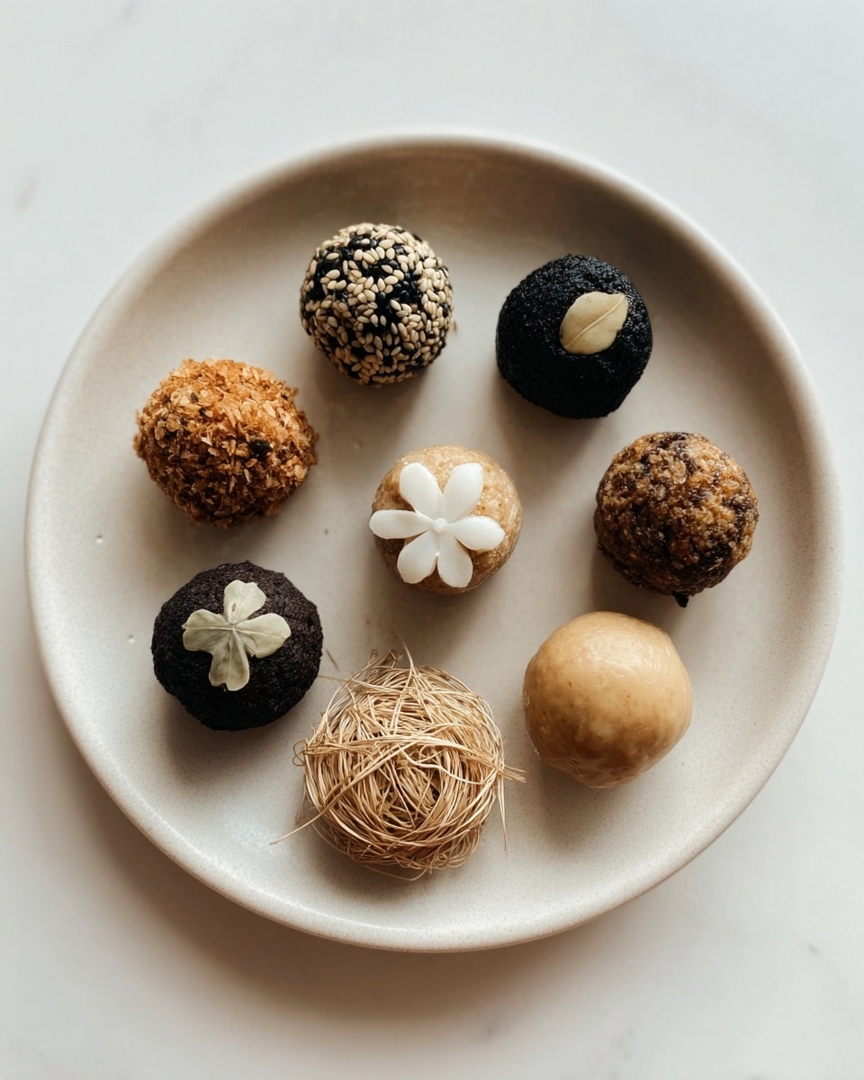 The image shows a white round plate on a white marbled surface, displaying eight small round snacks arranged neatly. Each snack has a different coating: one is black with a rough texture, another is brown with sesame seeds, one is light brown with a rough crumbly surface, one is beige with a white floral shape on top, another is dark with a shiny finish, one is a tan color with a smooth surface, and the last has a nest-like texture with beige thin strands on top. All snacks are spaced evenly around the plate. photo taken with an iphone --ar 4:5 --v 7