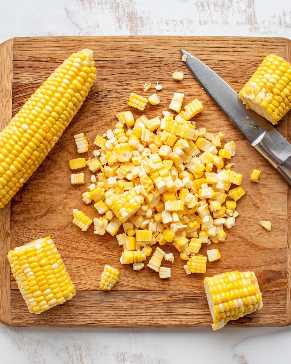 The image shows a wooden cutting board on a white marbled surface with partially sliced yellow and white corn kernels scattered in the center. There is one corn cob lying horizontally on the left, several empty corn cobs stacked on the bottom right, and a large silver knife resting on the top right corner of the board. The corn kernels look fresh and bright with a mix of yellow and pale white colors, and the wooden board has a smooth, warm texture. photo taken with an iphone --ar 4:5 --v 7