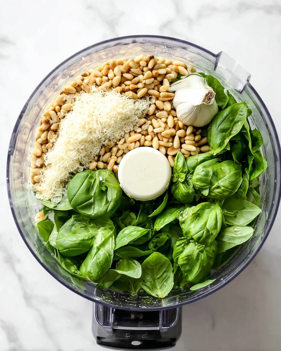 A clear food processor bowl is filled with fresh, bright green basil leaves gathered mostly on one side and some spread around; next to the basil is a layer of golden toasted pine nuts scattered all over. In the middle top area, there is a small pile of pale grated cheese, textured and fine. Near the cheese sits a whole clove of garlic that is white and smooth. The food processor blade cap is white and centered, creating a circle in the middle of all the ingredients. The scene is set on a white marbled surface. photo taken with an iphone --ar 4:5 --v 7