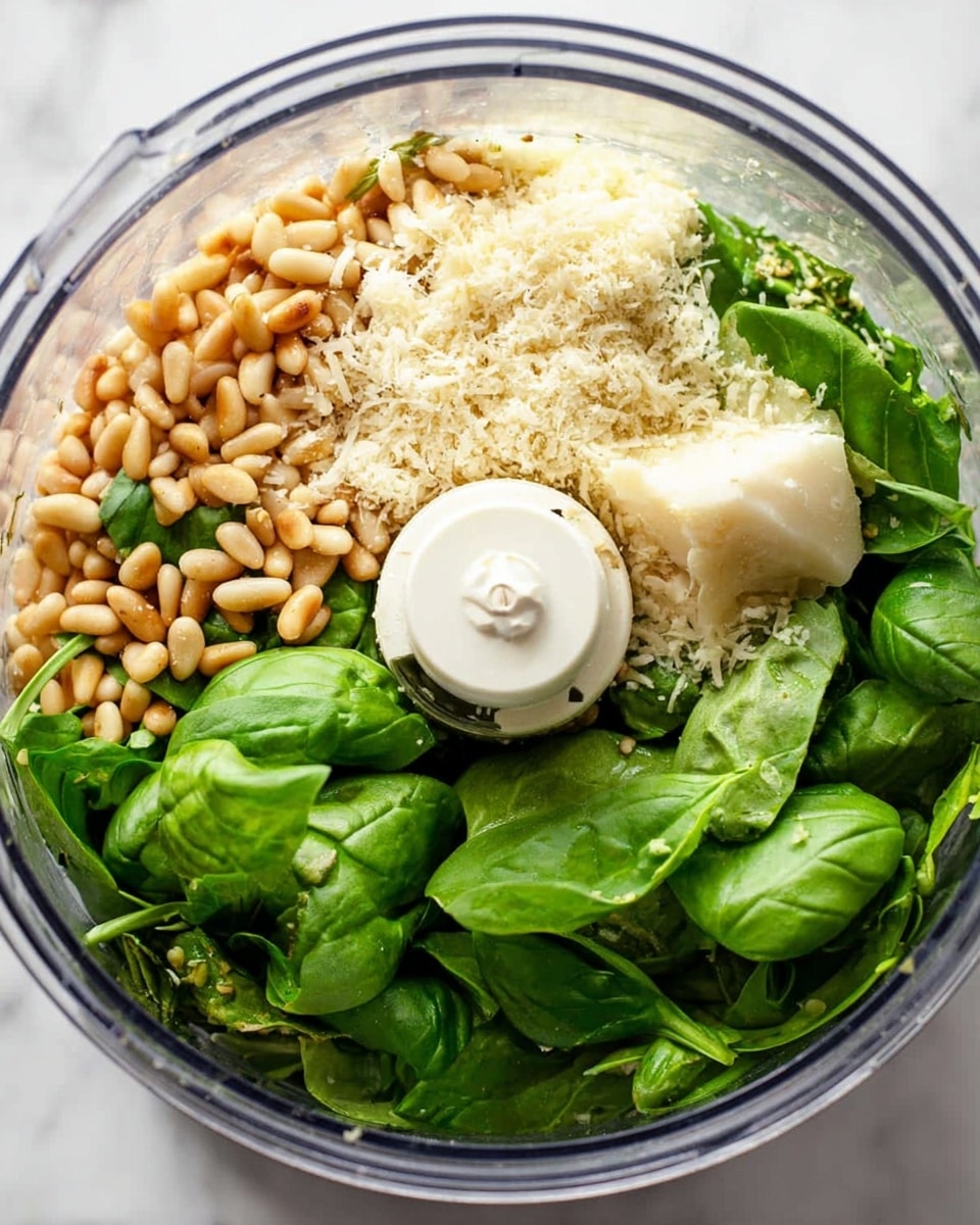 A clear food processor bowl filled with layers of fresh green basil leaves on one side, golden toasted pine nuts scattered across the top, and a small heap of light yellow grated cheese. There is one large pale garlic clove resting near the center, with the white plastic blade holder visible in the middle. The textures range from glossy smooth leaves to the rough, grainy cheese and crunchy nuts. The scene is set on a white marbled surface photo taken with an iphone --ar 4:5 --v 7