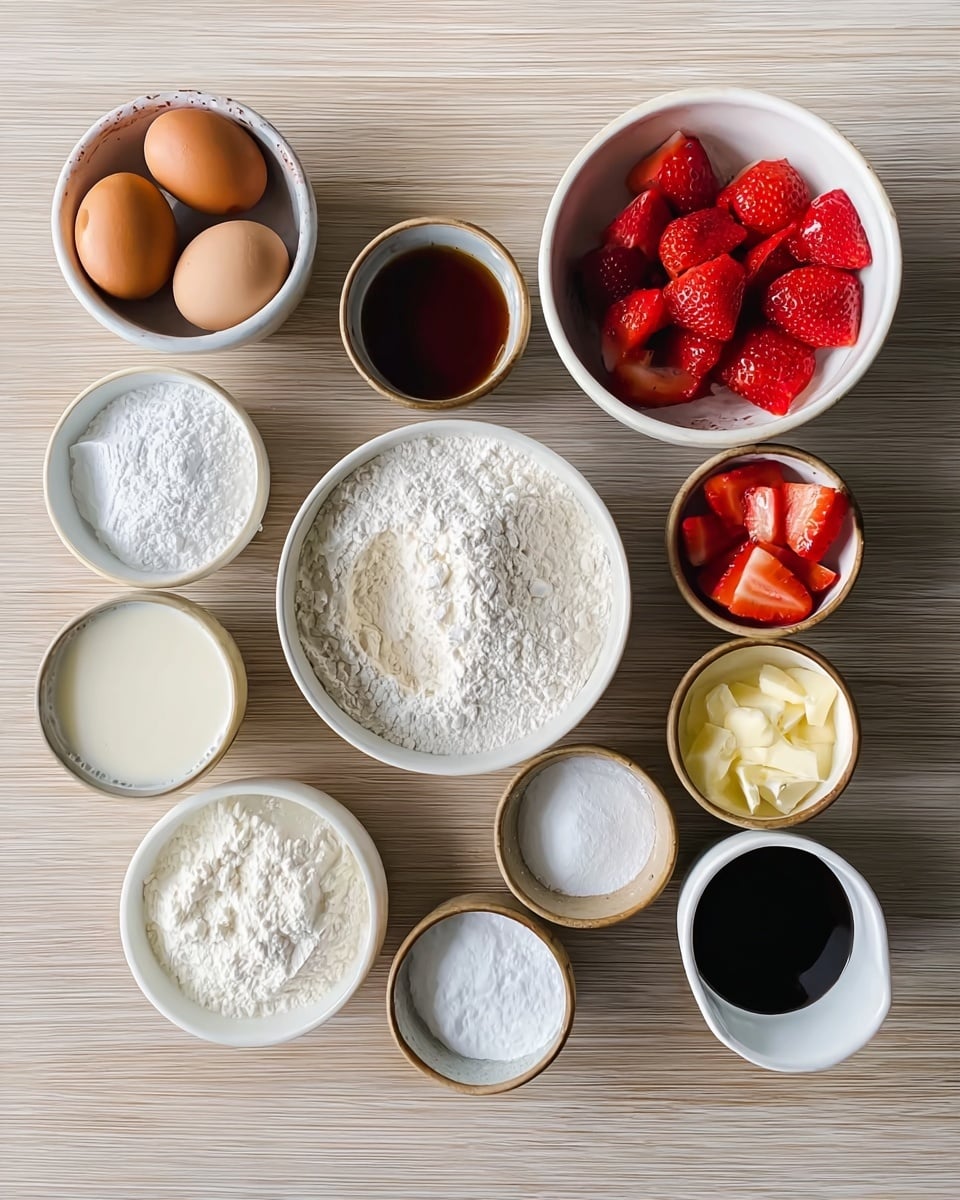 The image shows several small white bowls arranged neatly on a white marbled surface, each holding different ingredients. There are two eggs in one bowl, white flour in a larger bowl in the center, sliced red strawberries in another bowl, and a creamy white substance in another. Other bowls contain granulated white sugar, butter, milk, a dark liquid which looks like vanilla or syrup, and smaller bowls with salt, baking powder, and other white powders. The texture of the surface is smooth with light veins, making the colors and textures of the ingredients stand out. Photo taken with an iphone --ar 4:5 --v 7