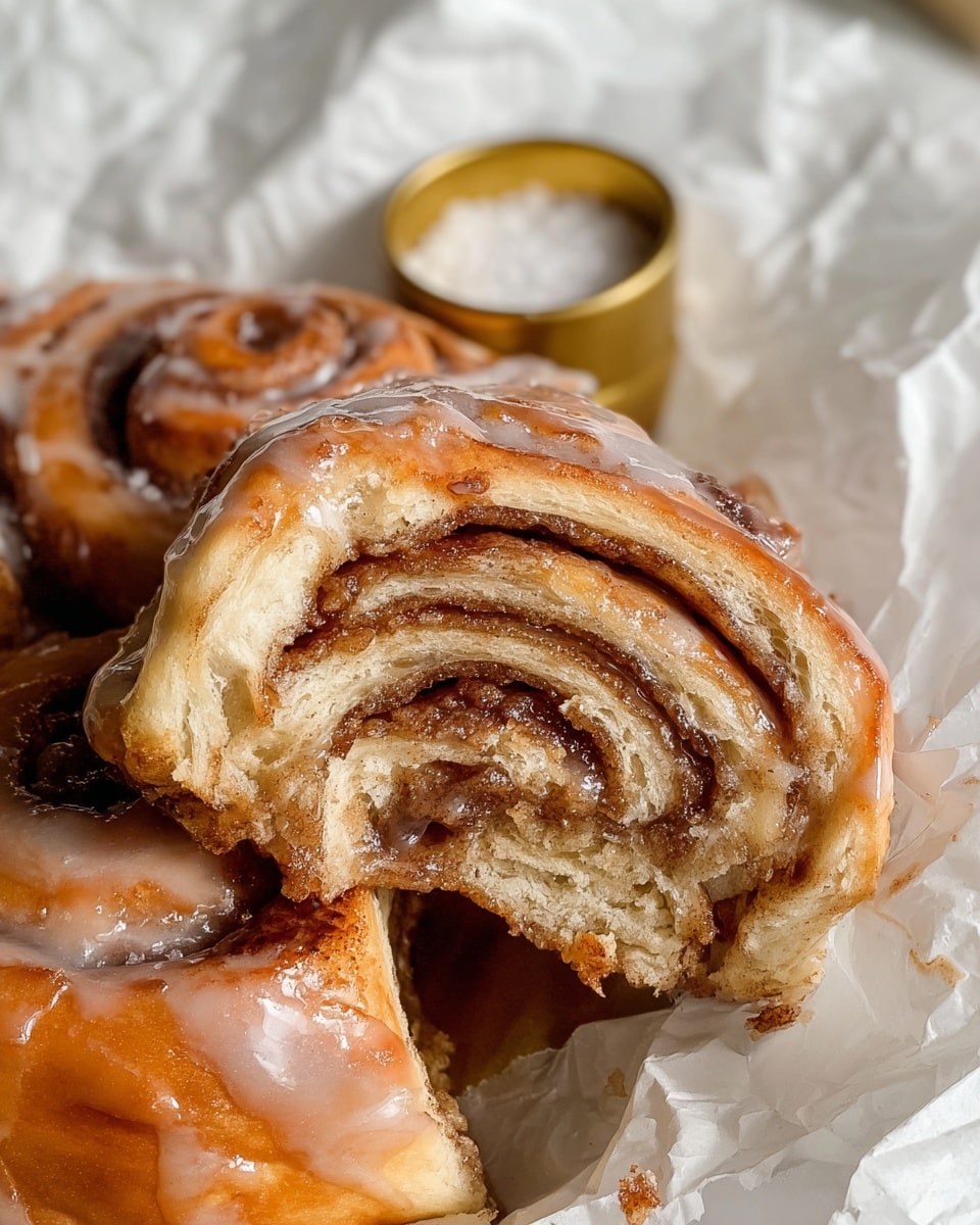 The image shows a close-up of a cinnamon roll that is cut in half to show its inside layers. The roll has multiple thin layers of soft dough spiraled with a dark cinnamon filling that creates a swirled pattern. The outside is light golden brown with a smooth, shiny glaze covering the surface and dripping slightly. The cinnamon roll sits on crumpled white paper with a small golden container filled with coarse white salt in the background. The scene rests on a white marbled texture. Photo taken with an iphone --ar 4:5 --v 7