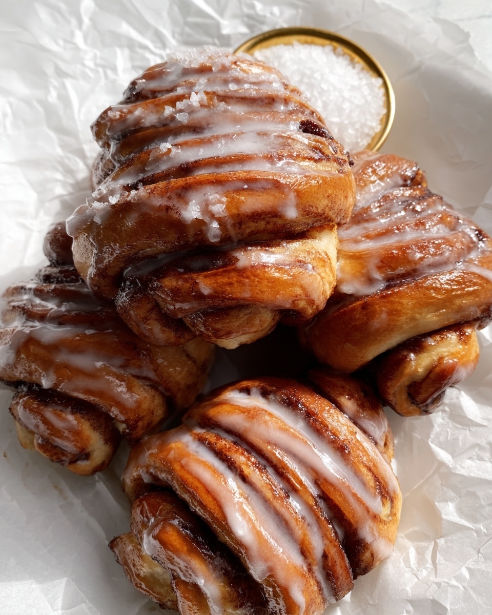 A close-up of a stack of shiny cinnamon rolls with thick white glaze covering each roll. The rolls show visible layers of light golden brown dough and dark brown cinnamon filling swirled inside, arranged closely on a white plate. In the top left corner, a small gold container with flaky white salt sits on a white marbled surface. The warm light highlights the soft texture and glossy icing on the rolls. photo taken with an iphone --ar 4:5 --v 7