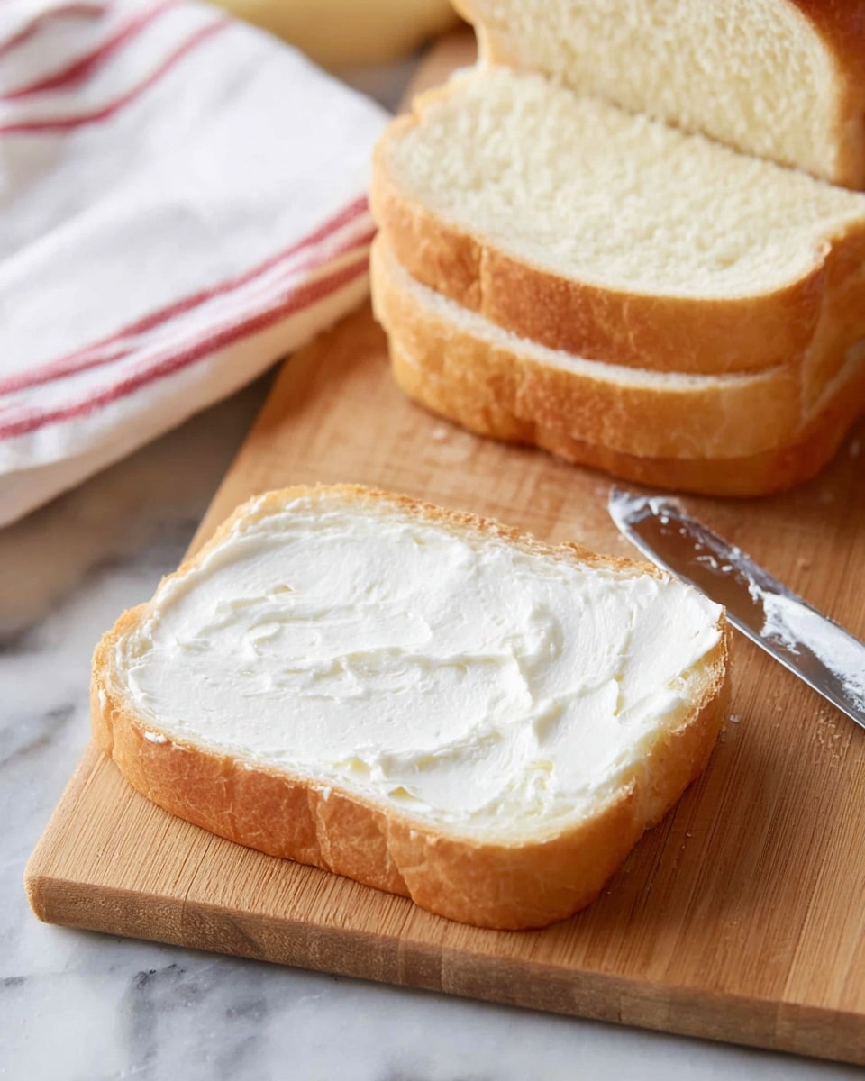 A single slice of white bread lies flat on a wooden cutting board, with a smooth layer of white spread evenly across its surface. Behind this slice is a small stack of similar white bread slices standing upright, showing their soft and fluffy texture with a light brown crust. A knife with some spread on its blade is placed near the slice. The lower corner of the image shows a white kitchen towel with red stripes. The whole scene rests on a white marbled surface. photo taken with an iphone --ar 4:5 --v 7