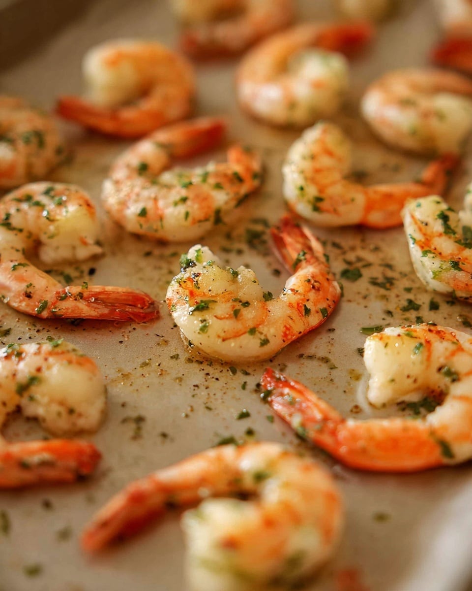 The image shows a baking tray with cooked shrimp spread across it. Each shrimp has a light orange-pink color on the curve and tail, transitioning to a pale white tone on the body, sprinkled with small green herb pieces and some tiny black specks, likely seasoning. The shrimp are arranged loosely without overlapping on a beige metal tray, with a few shrimp in focus in the middle and others softly blurred in the background, creating depth. The scene is lit warmly, highlighting the shrimp texture and slight shine from oil or butter. photo taken with an iphone --ar 4:5 --v 7