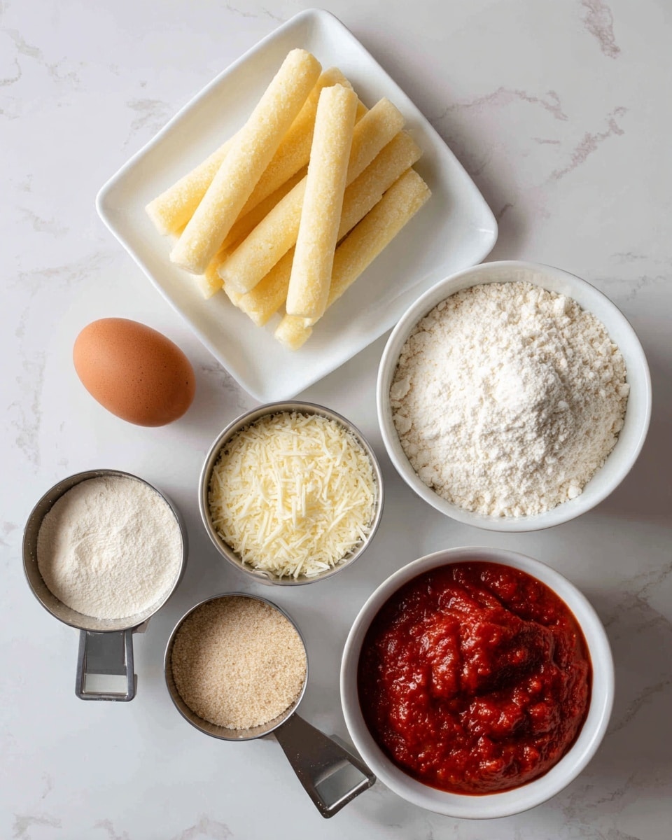 The image shows several ingredients arranged on a white marbled surface: at the top left, six light yellow string cheese sticks lie on a white square plate; to their right, a white bowl holds off-white coconut flour; below the bowl, one brown egg rests directly on the surface; at the bottom right, a white bowl is filled with chunky red marinara sauce; at the bottom left, three metal measuring cups contain different powdered ingredients— the largest with pale beige almond flour, the medium with light yellow parmesan cheese, and the smallest with fine beige garlic salt. Each ingredient is labeled with black text near or on it. photo taken with an iphone --ar 4:5 --v 7