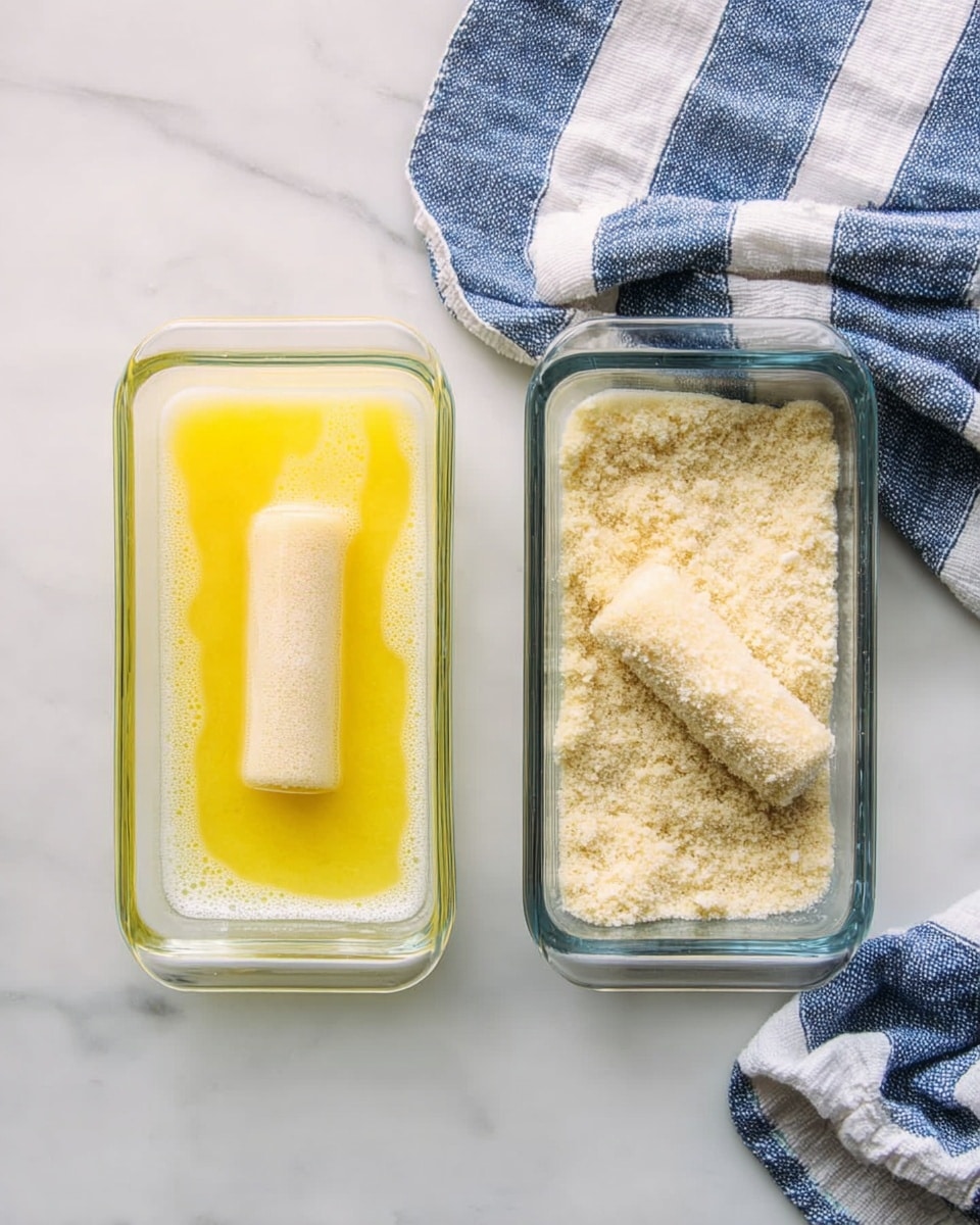 There are two clear rectangular glass containers placed side by side on a white marbled surface. The container on the left holds a yellow liquid with foam on top, and inside it, there is a small cylindrical item partially dipped in the liquid. The container on the right contains a light beige crumbly mixture, with the same small cylindrical item resting on its surface, partially covered by the crumbs. To the right side of the containers, there is a blue and white striped cloth casually placed on the marbled surface. photo taken with an iphone --ar 4:5 --v 7