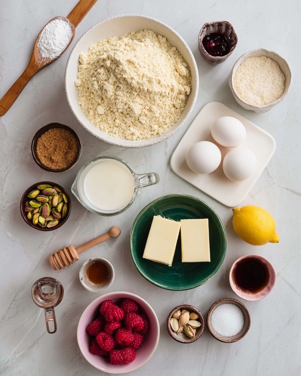 The image shows various baking ingredients arranged on a white marbled surface. There is a large white bowl with a crumbly light beige mixture, a small white bowl with brown sugar, a green bowl holding two white blocks of butter, and a white tray with three white eggs. A small bowl of bright red raspberries is placed near a clear measuring cup filled with cream. Other items include a wooden honey dipper in a small honey pot, a whole yellow lemon, a small pink bowl with a dark liquid (likely vanilla extract), a tiny brown bowl with pistachios, a bowl of white sugar, and two small brown dishes containing salt and baking powder. On the top left corner, there is a wooden spoon with white flour. The ingredients are neatly spaced and colorful against the smooth white and gray marbled background. Photo taken with an iphone --ar 4:5 --v 7