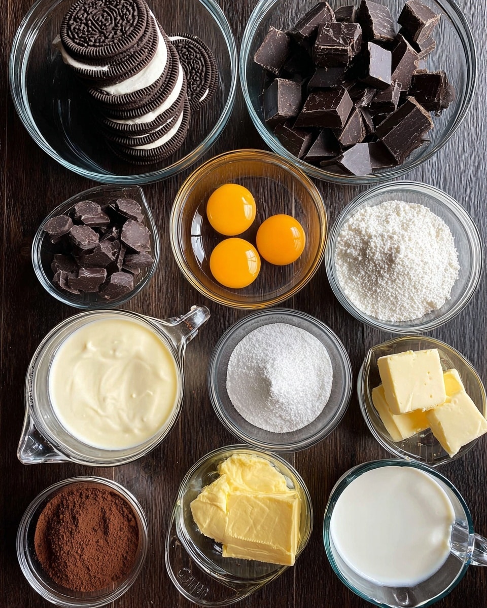 Nine clear glass bowls and two clear glass measuring cups hold different baking ingredients on a dark wood table. Starting from the top left: a bowl full of stacked dark brown sandwich cookies with cream filling, to its right a bowl with dark chocolate chunks and pieces. Below the cookies is a measuring cup filled with light cream, and in the middle a small bowl holds three bright orange egg yolks. To the right is a bowl with white sugar. Below the egg yolks is a bowl with milk chocolate chunks. Under the measuring cup with cream is a small bowl with melted yellow butter. Next to it is a bowl with cocoa powder and white powdered sugar. To the bottom right is a measuring cup with foamy, light cream, and beside it, a bowl with two square pieces of pale yellow butter. The ingredients are arranged neatly on the dark surface with clear visibility of each texture and color photo taken with an iphone --ar 4:5 --v 7