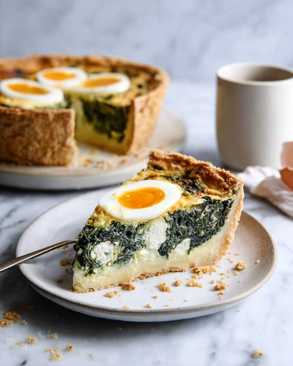 The image shows a slice of pie with three visible layers. The bottom layer is a light, firm, golden-brown pie crust that forms the base. The middle layer is a thick, textured mix of dark green spinach and creamy white cheese filling. The top layer is a smooth, light golden crust that covers the filling. Inside the middle layer, there is one visible half of a boiled egg with a bright yellow yolk and a white outer part. The pie slice is placed on a dark plate, which rests on a light wooden board. The background features a white marbled texture with a soft, blurred white and pink cloth behind the pie. Photo taken with an iphone --ar 4:5 --v 7