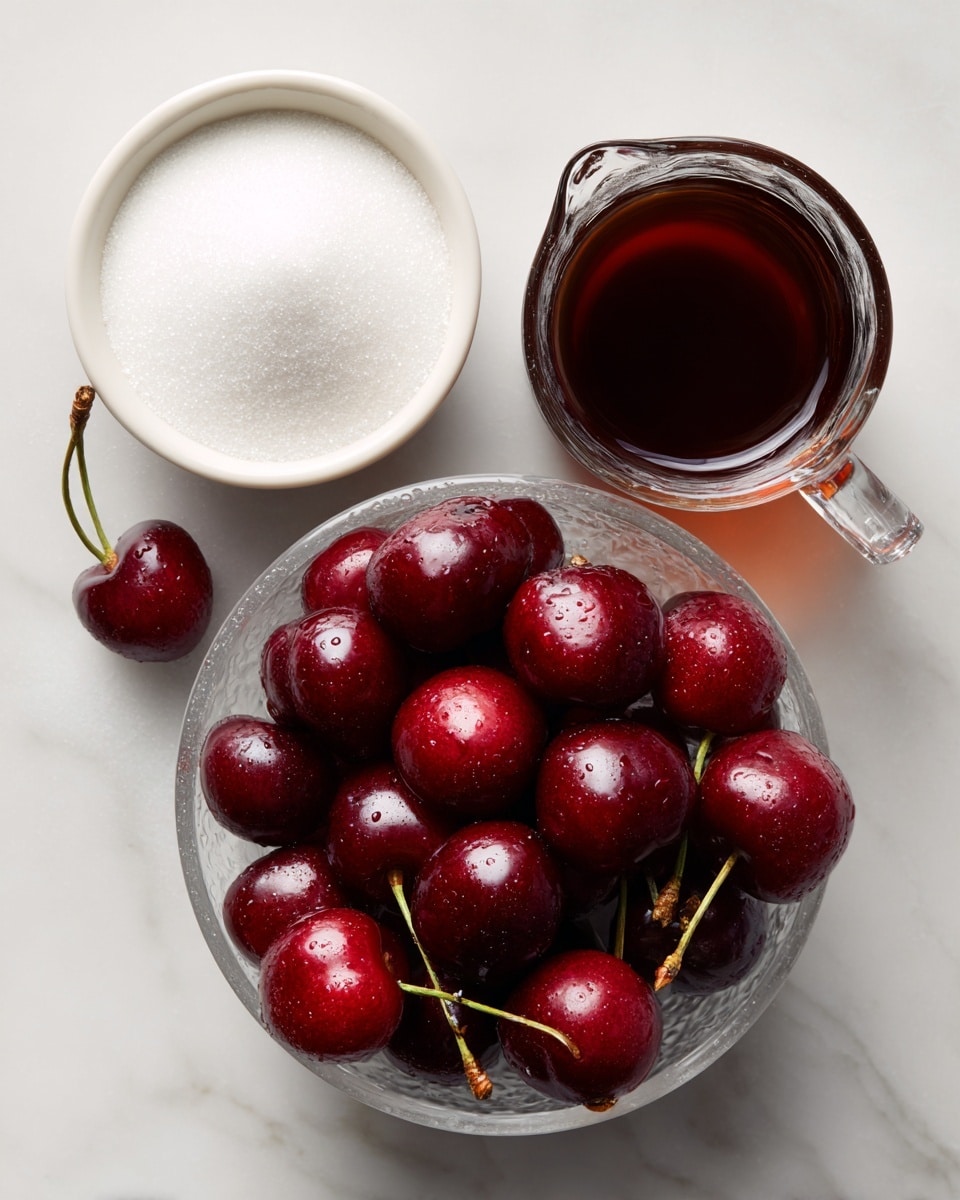 A clear textured bowl filled with deep red cherries takes the bottom center of the image, showing their shiny and smooth skin. Above on the left is a white bowl filled with fine white sugar, its flat surface visible from above. On the right side near the top is a small clear glass jug filled with dark brown apple juice, showing the liquid’s shine through the glass handle and spout. All items are on a white marbled surface. photo taken with an iphone --ar 4:5 --v 7