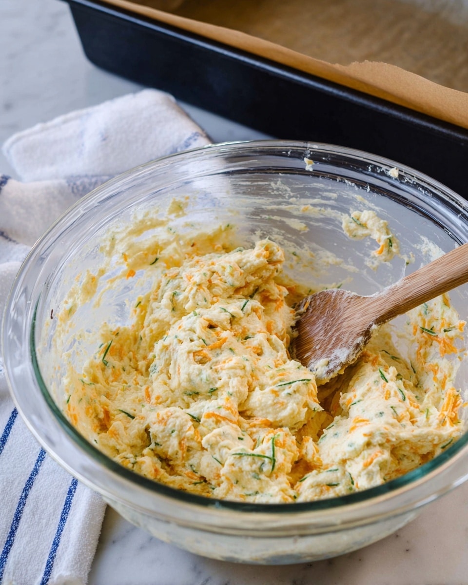 A clear glass bowl filled with a thick, creamy dough mixture that has light yellow and orange bits scattered throughout, along with small green shreds, giving it a textured look. A wooden spoon rests inside the bowl, coated with the dough. Behind the bowl, there is a white marbled surface and a white dish towel with blue stripes, alongside a black baking pan lined with brown parchment paper slightly visible in the background. photo taken with an iphone --ar 4:5 --v 7