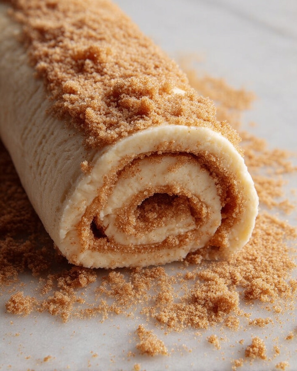 The image shows a close-up of a rolled dough spiral covered inside and outside with a layer of brown sugar and cinnamon mixture. The dough is pale beige and soft, with a smooth surface and a few crumbly sugar bits scattered on top. The roll is on a flat white marbled surface, with extra cinnamon sugar sprinkled around it, giving texture to the scene. The spiral has thin, even layers of dough separated by the sugar layer, making the roll look full and layered. photo taken with an iphone --ar 4:5 --v 7