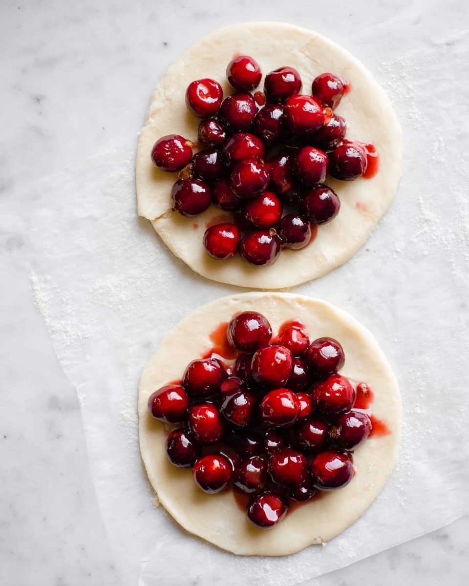 Two white round dough circles lie side by side on a white marbled textured surface. Each circle has a center layer of shiny, deep red cherries piled loosely, some with juice dripping slightly. The dough is pale, smooth, and slightly thicker at the edges, with the cherries placed in the middle to leave space around the edges. Photo taken with an iphone --ar 4:5 --v 7