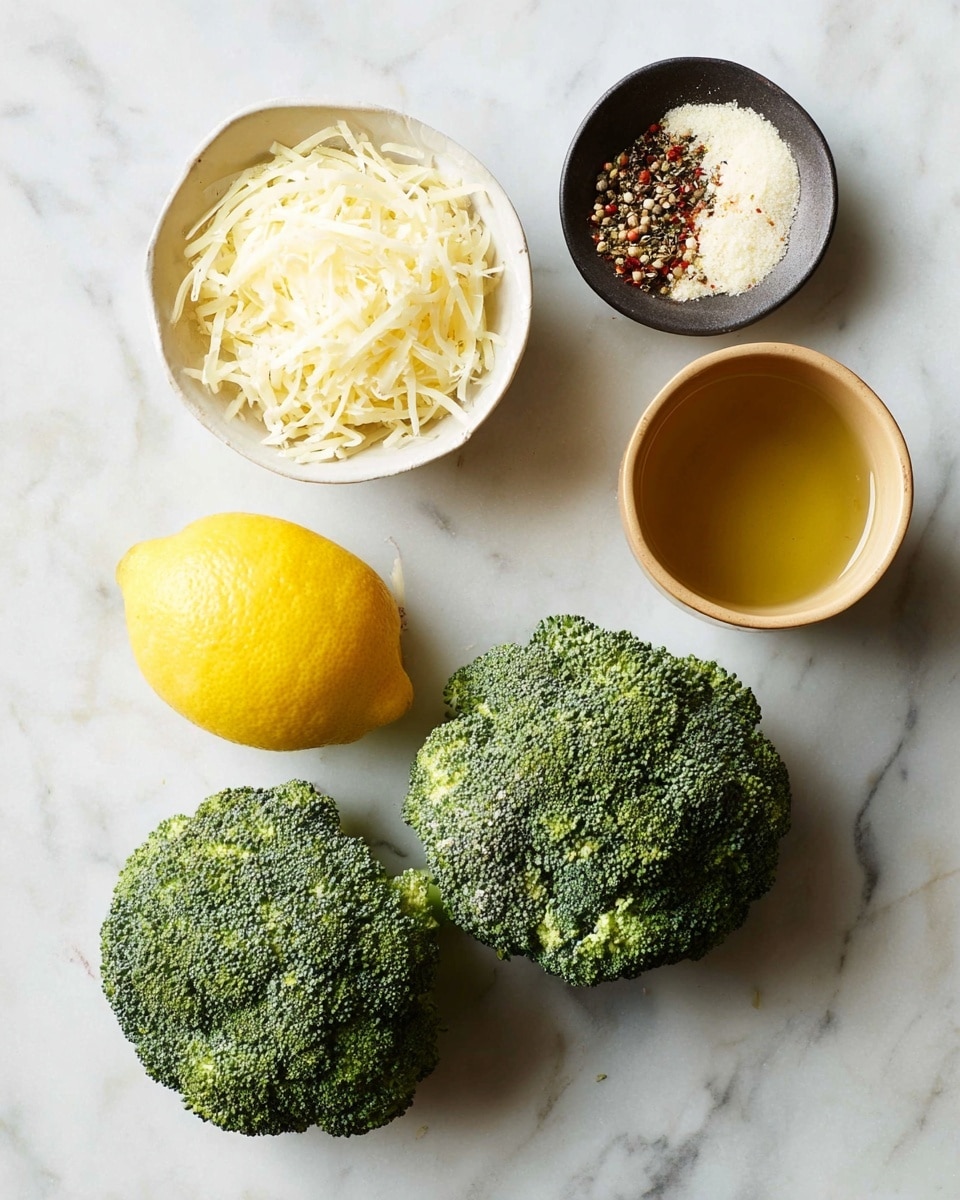 The image shows a white marbled surface with fresh ingredients arranged neatly. There are two fresh broccoli heads with a deep green color and detailed texture, placed at the bottom of the image. Above them is a whole bright yellow lemon with a smooth surface. Next to the lemon, there is a small white bowl filled with shredded pale yellow cheese. Above that, a small dark bowl holds a mix of white granules with some red and black spices. To the right, a light brown cup contains a clear golden liquid. The setup is clean and organized, emphasizing the natural colors and textures of the ingredients. photo taken with an iphone --ar 4:5 --v 7
