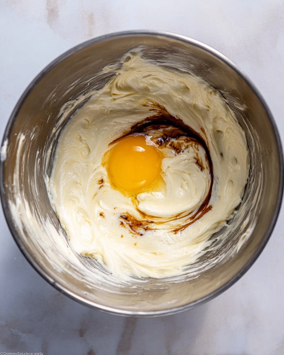 Inside a silver metal mixing bowl, there is a creamy white batter spread unevenly along the sides and bottom. In the center, a bright yellow raw egg yolk sits atop the batter. Around the yolk, there are swirls of dark brown liquid, likely vanilla extract, blending slightly with the white batter. The bowl rests on a white marbled surface. The texture inside the bowl is smooth with some thicker areas of batter visible. photo taken with an iphone --ar 4:5 --v 7
