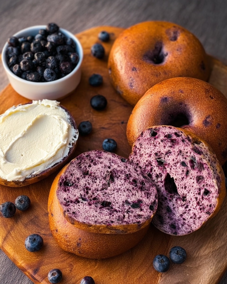 A group of five dark purple bagels sits on a wooden board, with one bagel sliced open to show its dense, slightly textured interior full of darker spots. One sliced bagel half is covered with a smooth layer of white cream cheese, spread evenly with soft swirls. To the top left, a small white bowl holds many dark purple dried berries, with a few scattered on the wooden board. The warm light creates soft shadows and highlights the shiny surface of the bagels, showing their browned crust. The scene is set on a white marbled surface. Photo taken with an iphone --ar 4:5 --v 7
