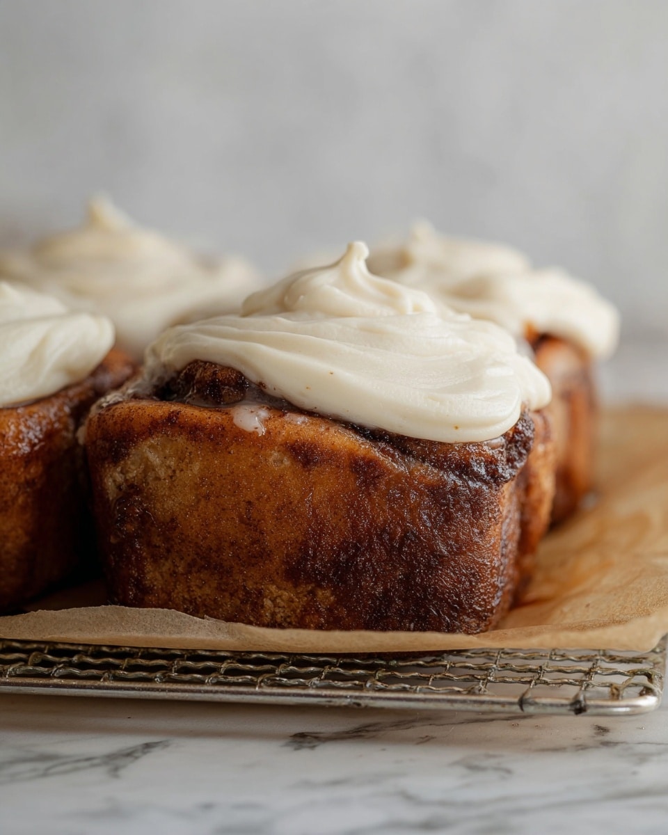 A close-up of three cinnamon rolls in a row, each with a thick, deep brown base that looks soft and slightly shiny, topped with a generous layer of light beige, creamy frosting with a smooth texture and a small peak on top. The rolls have a swirled, textured pattern of darker brown cinnamon filling visible just under the frosting. They rest on brown parchment paper on a silver wire cooling rack, placed on a white marbled surface. photo taken with an iphone --ar 4:5 --v 7