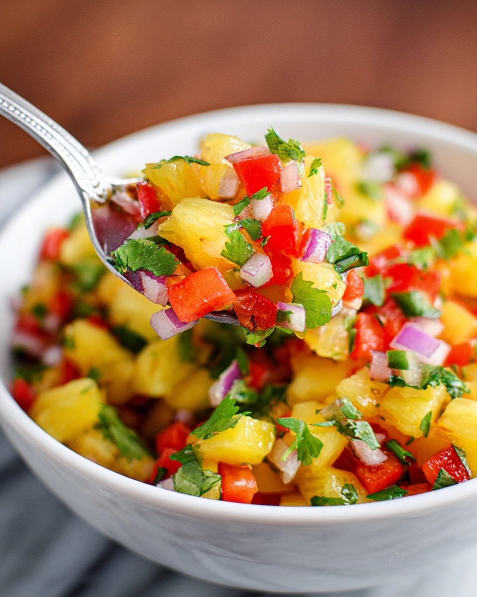 A close-up view of a white bowl filled with a colorful salsa made of small yellow pineapple chunks, bright red bell pepper pieces, green cilantro leaves, and small bits of red onion. A metal spoon scoops some of the salsa, showing the mix of ingredients with a shiny and fresh texture. The bowl is placed on a white marbled surface, and the background is softly blurred with warm wood tones. Photo taken with an iphone --ar 4:5 --v 7