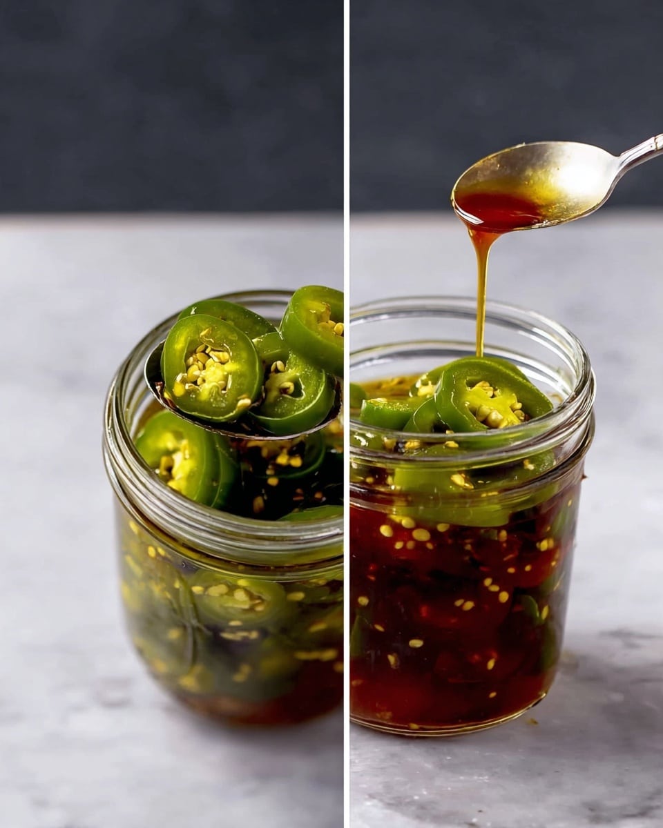 The image shows close-up views of a clear glass jar filled with thick green slices of jalapeño peppers, with visible yellow seeds inside each slice. On the left, a silver spoon is placed holding several jalapeño slices just above the jar. On the right, a reddish-brown liquid is being poured into the jar over the jalapeños, partially soaking them. The jar sits on a white marbled surface with a soft overhead light casting gentle shadows. photo taken with an iphone --ar 4:5 --v 7
