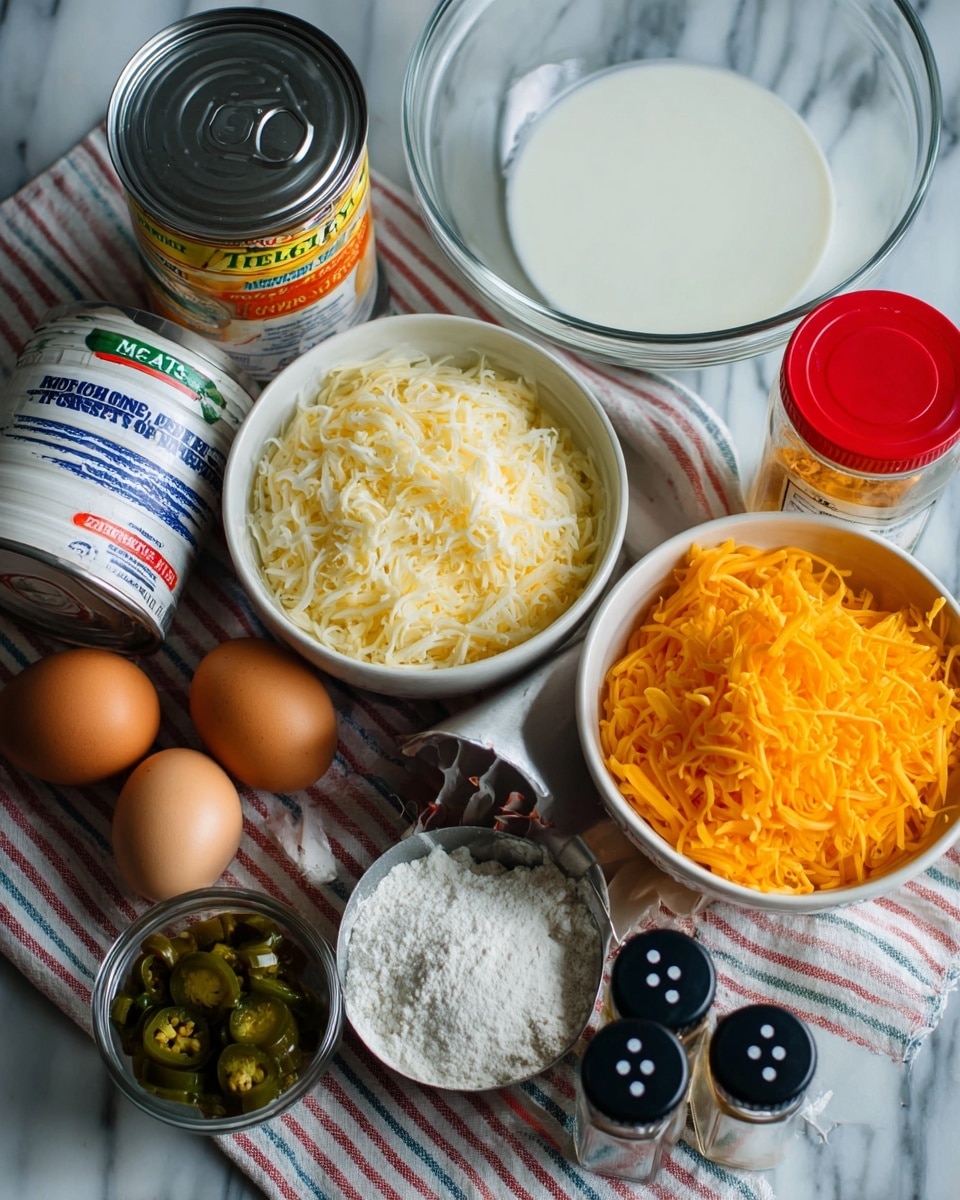 The image shows ingredients ready for cooking arranged on a white marbled surface with a striped cloth underneath. There are two white bowls filled with shredded cheese, one with white cheese and the other with orange cheese. Behind them, there is a clear empty glass bowl. In front, a tilted can of evaporated milk is placed next to a small metal measuring cup full of white flour. A small glass bowl with salt sits beside two brown eggs. A small can of diced green chilies and a jar of sliced jalapeno peppers with a red lid are also present. Two spice bottles with black tops are positioned near the center. The overall setup is clear and colorful, with the white bowls and marbled surface highlighting the ingredients. Photo taken with an iphone --ar 4:5 --v 7