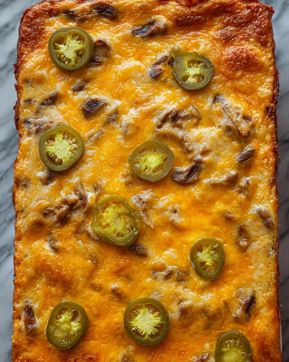A rectangular, baked dish filled with a thick layer of melted, golden-orange cheese mixed with bits of darker, brownish pieces that look like cooked mushrooms or vegetables. On top, there are several round, green slices of pickled jalapeños spread evenly across the surface. The edges of the dish show a slight browning from baking. The texture of the cheese is smooth with some bubbly spots, creating a slightly shiny appearance on the surface. The dish is seen close up with a white marbled texture underneath. photo taken with an iphone --ar 4:5 --v 7