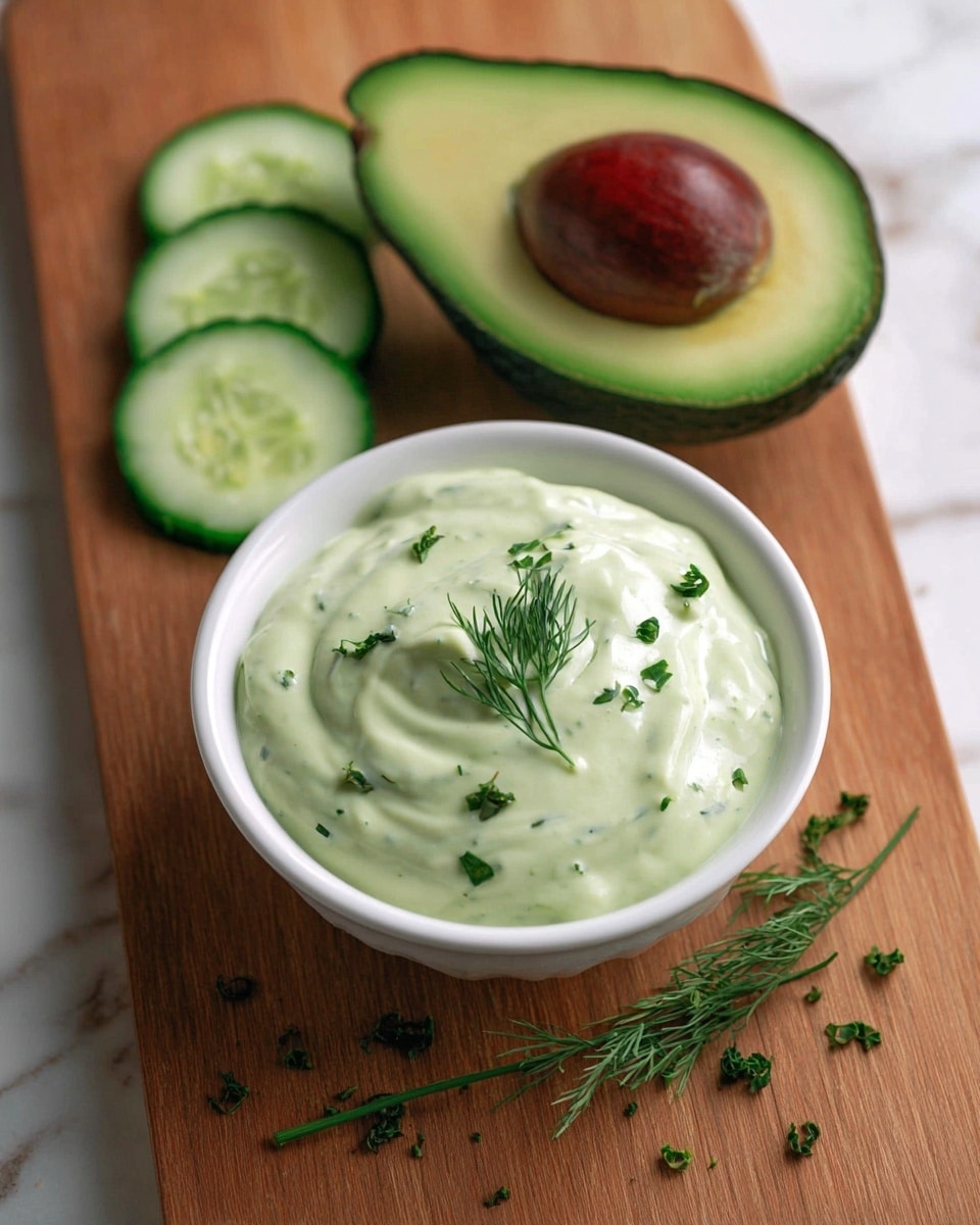 A white bowl filled with light green creamy dip has small green herb pieces mixed in, giving it a smooth and thick texture. The top of the dip is decorated with a small sprig of fresh dill and scattered chopped green herbs. Around the bowl, there are three slices of cucumber with dark green edges, and a half avocado with bright green flesh and a large brown seed is placed behind the bowl. All items sit on a wooden board with a white marbled background visible. photo taken with an iphone --ar 4:5 --v 7